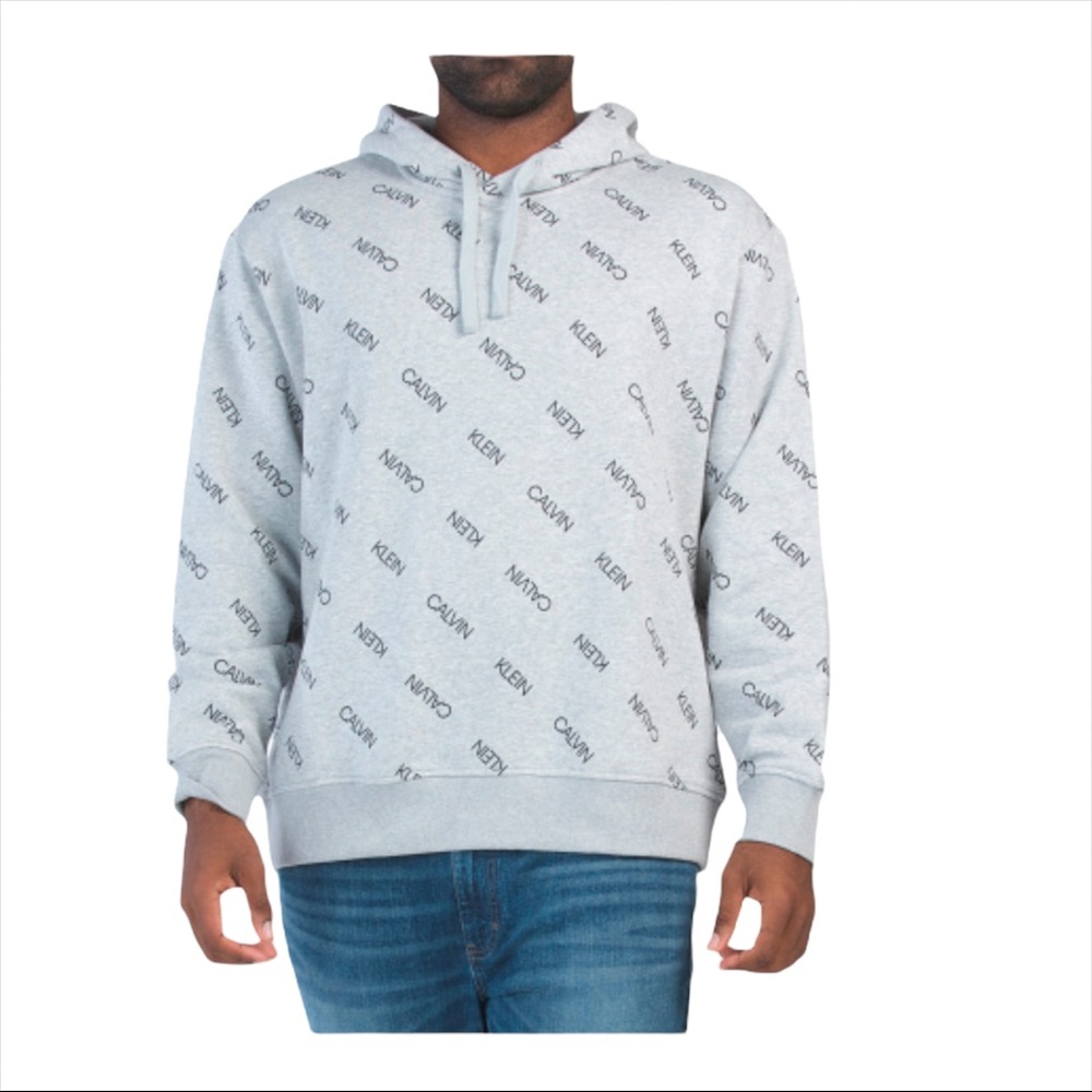 NWT Calvin Klein Allover Logo Pullover Hoodie Gray Men’s Large Sweatshirt